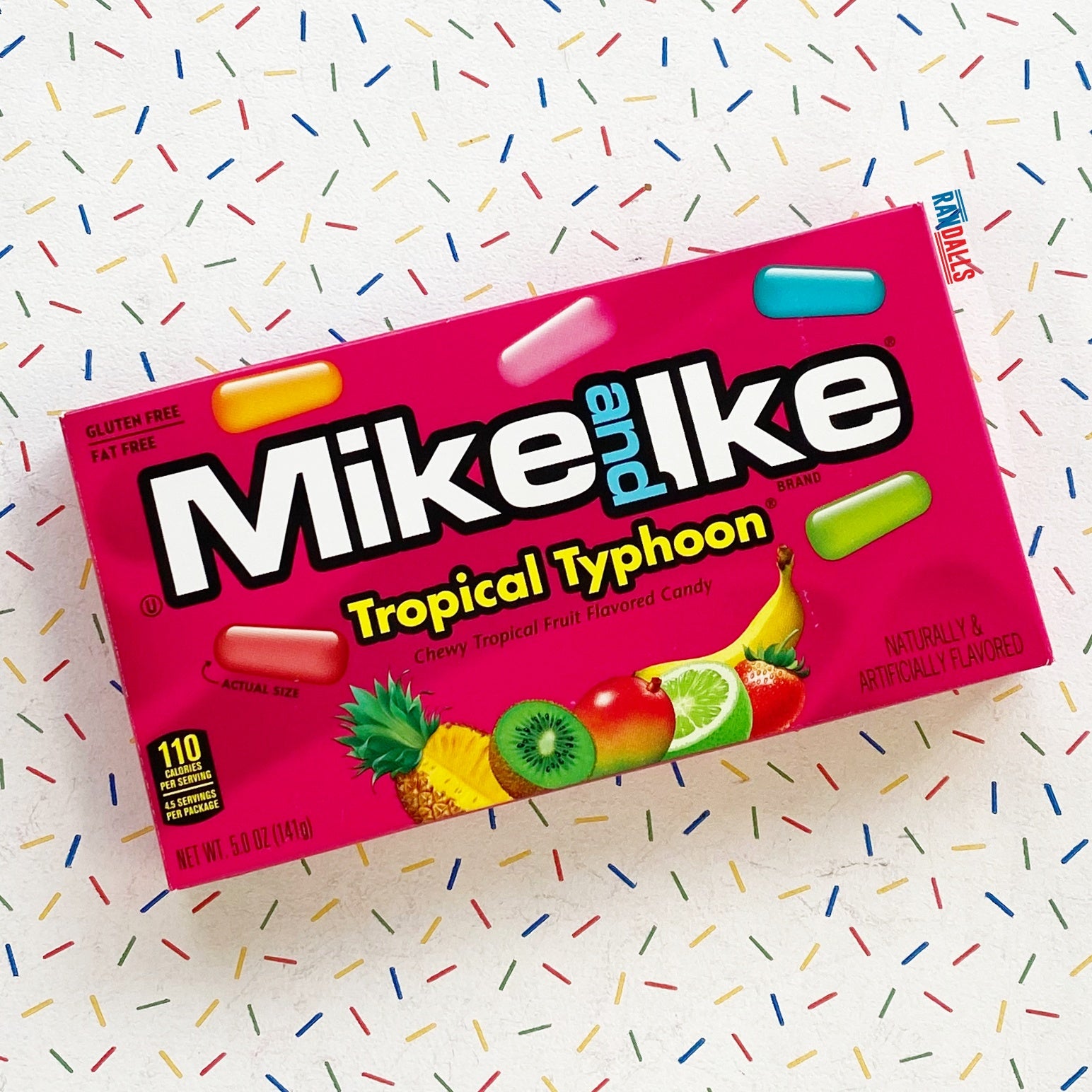 mike and ike tropical typhoon box, candy, gummy sweets, chewy, kiwi banana, caribbean punch, strawberry banana, paradise punch, mango, randalls