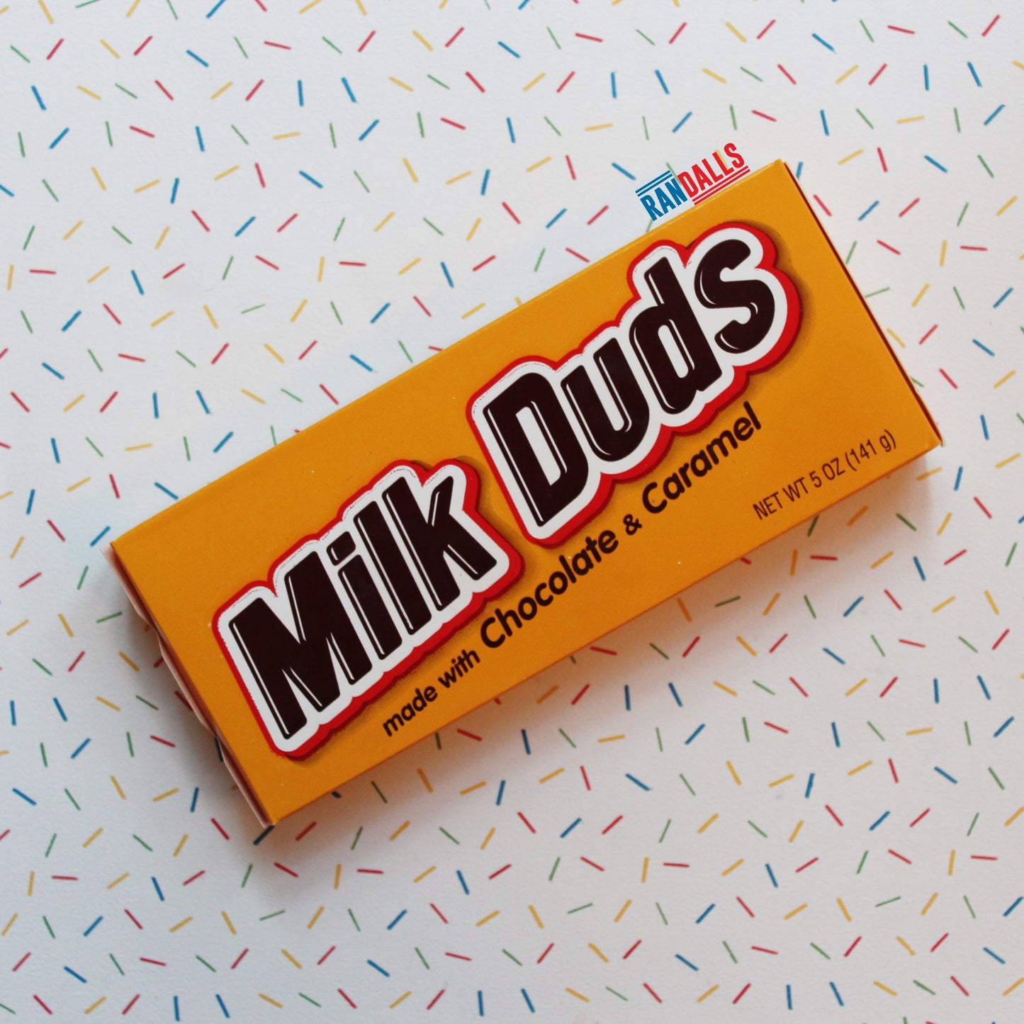 milk duds box, chocolate, caramel pieces, fudge, chewy, sweets, candy, usa, randalls