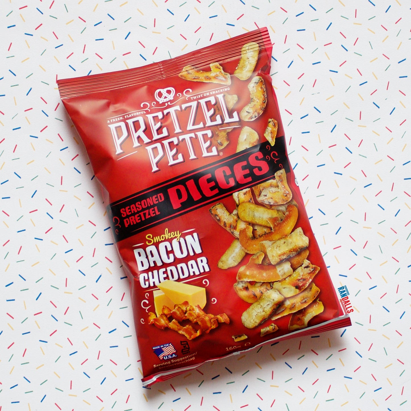 pretzel pete smoky bacon and cheddar pretzel pieces, baked, cheese, randalls