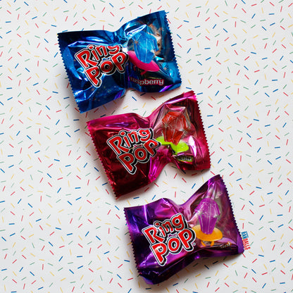 ring pop, candy, sweet, hard boiled sweet, blue raspberry, strawberry, blackcurrant, randalls