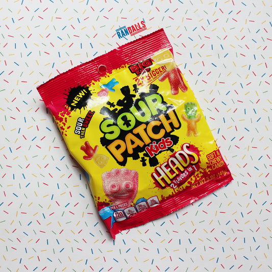 sour patch kids heads peg bag, gummy, sweets, candy, chewy, fizzy, sugared, fruit flavoured, usa, randalls