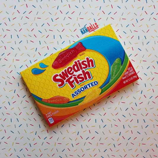 swedish fish assorted box, candy, sweets, chewy, gummy, gummies, usa randalls, fat free, orange, lemon, lime, usa, randalls